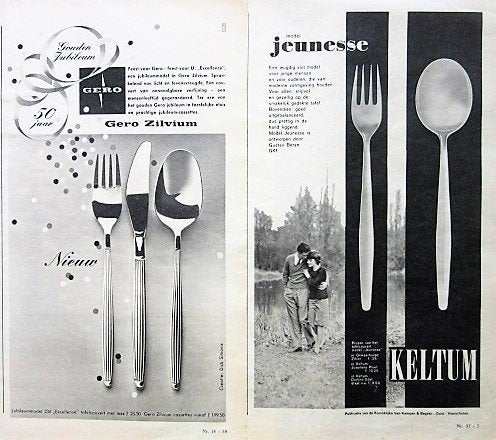14 vintage advertenties reclames servies bestek pannen 62-80, Ophalen of Verzenden, Gebruikt, Reclamebord