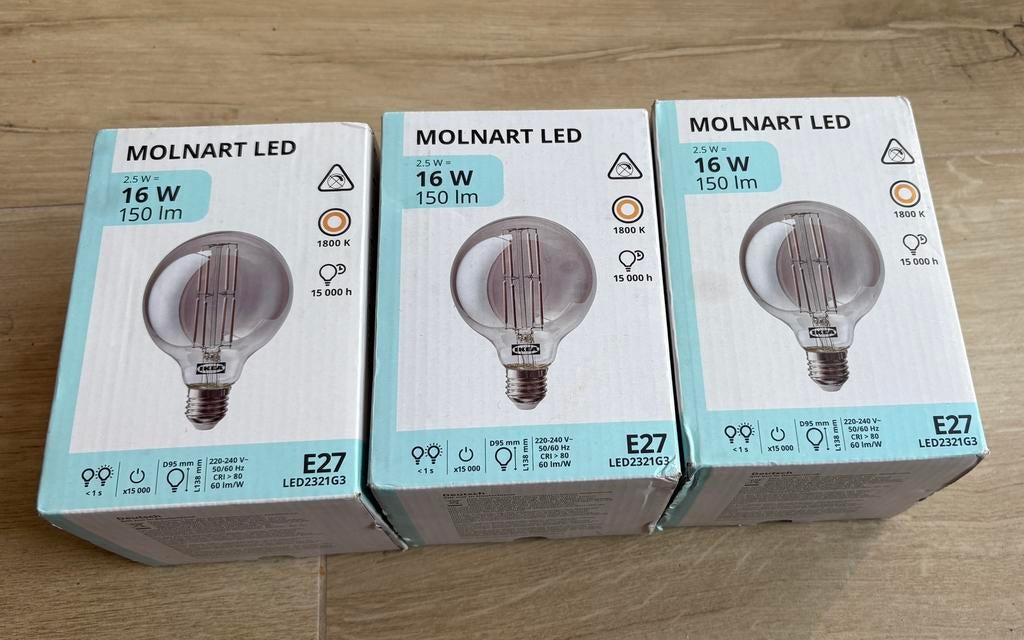 Ledlamp molnard e27 150 lumen globe grijs helder glas 95mm, Ophalen, Nieuw, E27 (groot), Led-lamp