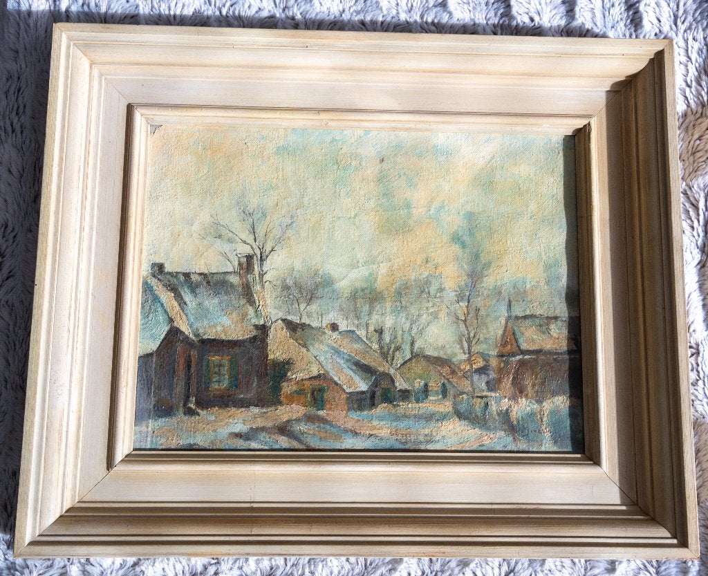 Schilderij Besneeuwd dorpsgezicht, Antiek en Kunst, Doek, Ophalen of Verzenden, Landschap, Olieverf