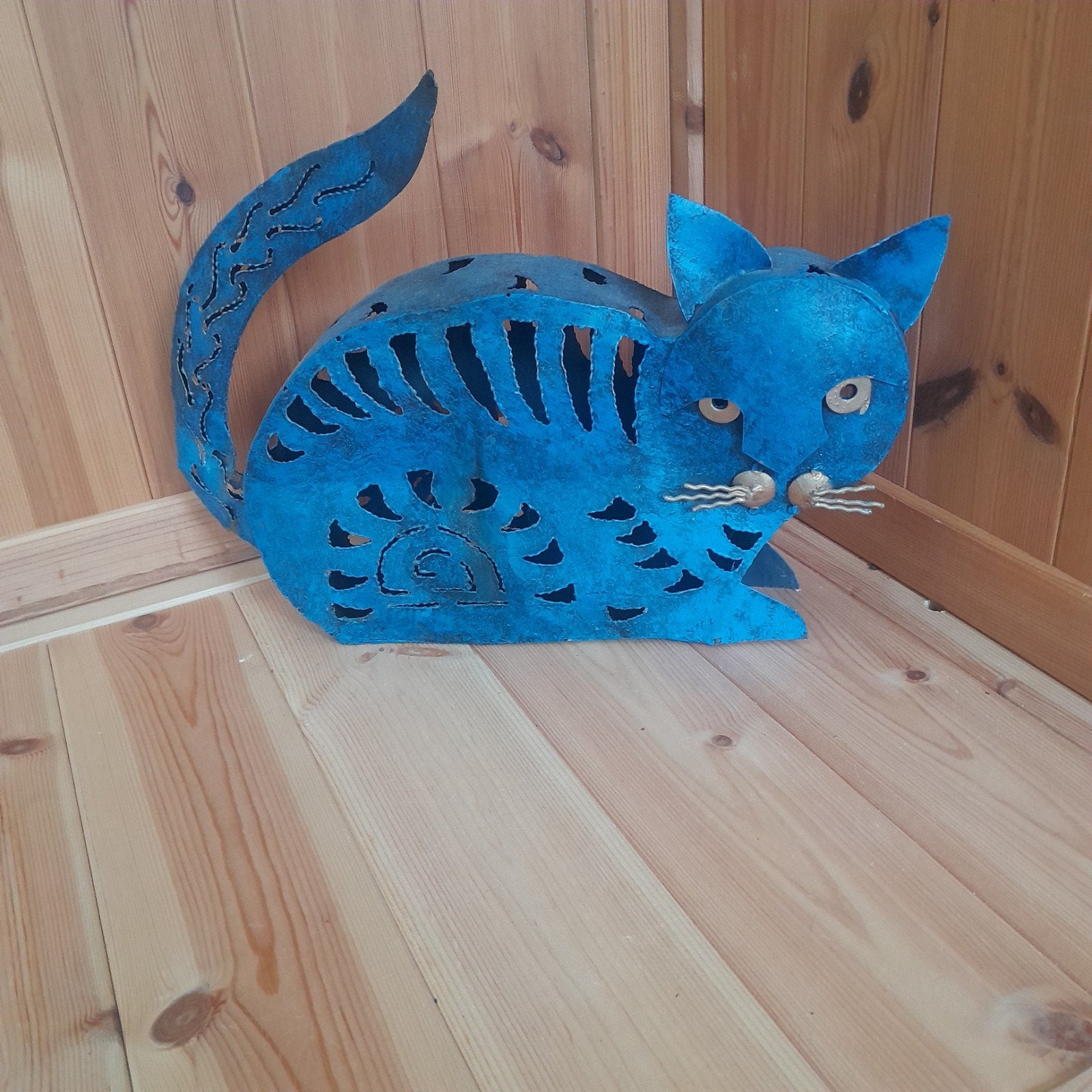 Decoratieve metalen kat - blauw - kaars, Huis en Inrichting, Ophalen of Verzenden, Gebruikt, Blauw, Metaal