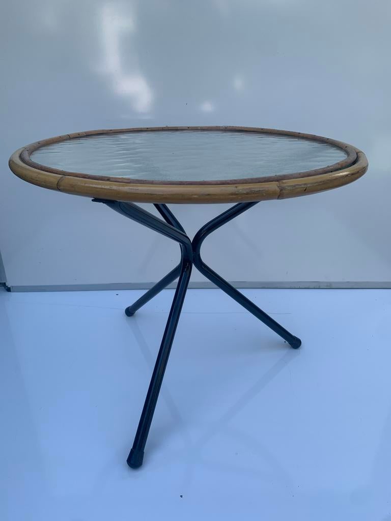 Vintage Bijzettafel met Bamboe Glazen Blad Rohe Noordwolde, Huis en Inrichting, Tafels | Bijzettafels, Gebruikt, Rond, Minder dan 45 cm