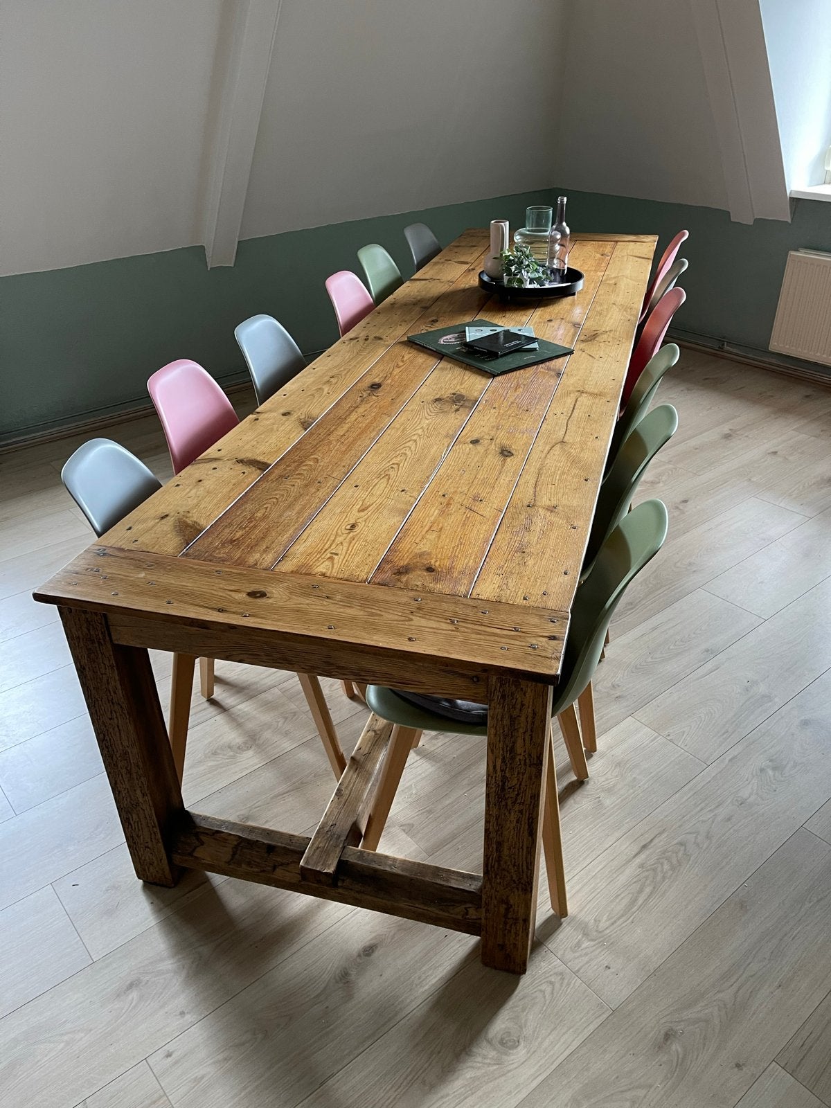 Robuuste houten eettafel - Landelijke stijl 325x90 cm, Ophalen, Gebruikt, 200 cm of meer, 50 tot 100 cm
