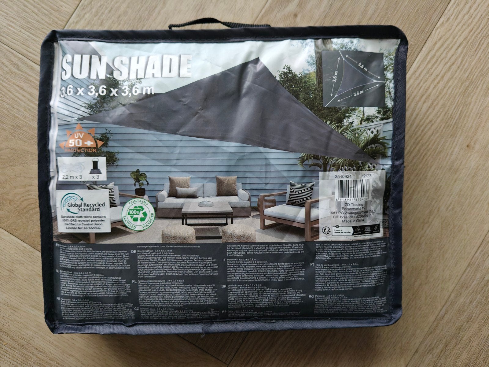 Nieuw Sun Shade schaduwdoek 3.6x3.6x3.6m Grijs, Tuin en Terras, Schaduwdoeken, Ophalen of Verzenden, Nieuw