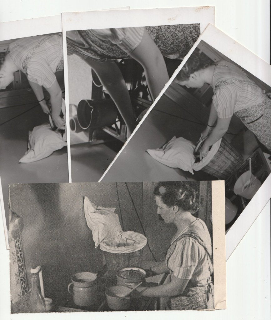 3 echte foto's + blaadje plattelandskalender 1944 hooikist, Gebruikt, Verzenden, Foto, 1940 tot 1960