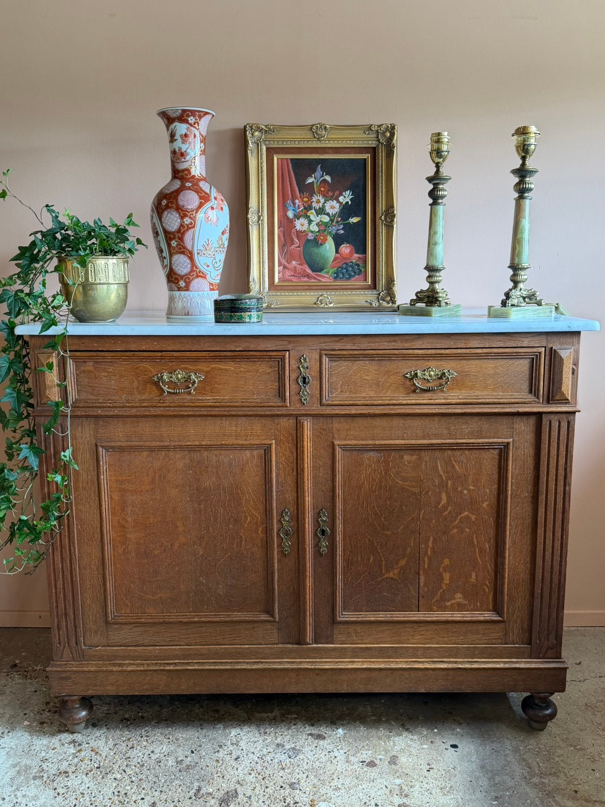 Vintage houten commode eik met wit marmeren blad, Huis en Inrichting, Kasten | Overige, Ophalen, Gebruikt