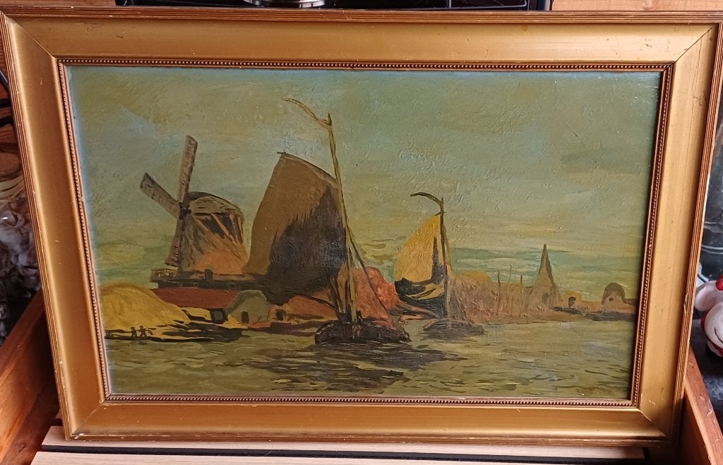 Oud olieverf schilderij met boten en molen 60 x 40 cm (Jola), Ophalen of Verzenden, Maritiem / water
