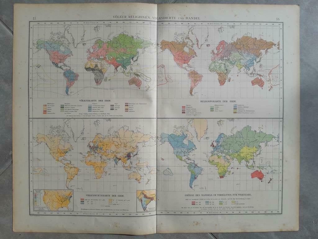 15-16/ 4 kaarten volken religie volksdichtheid handel 1899, Ophalen of Verzenden