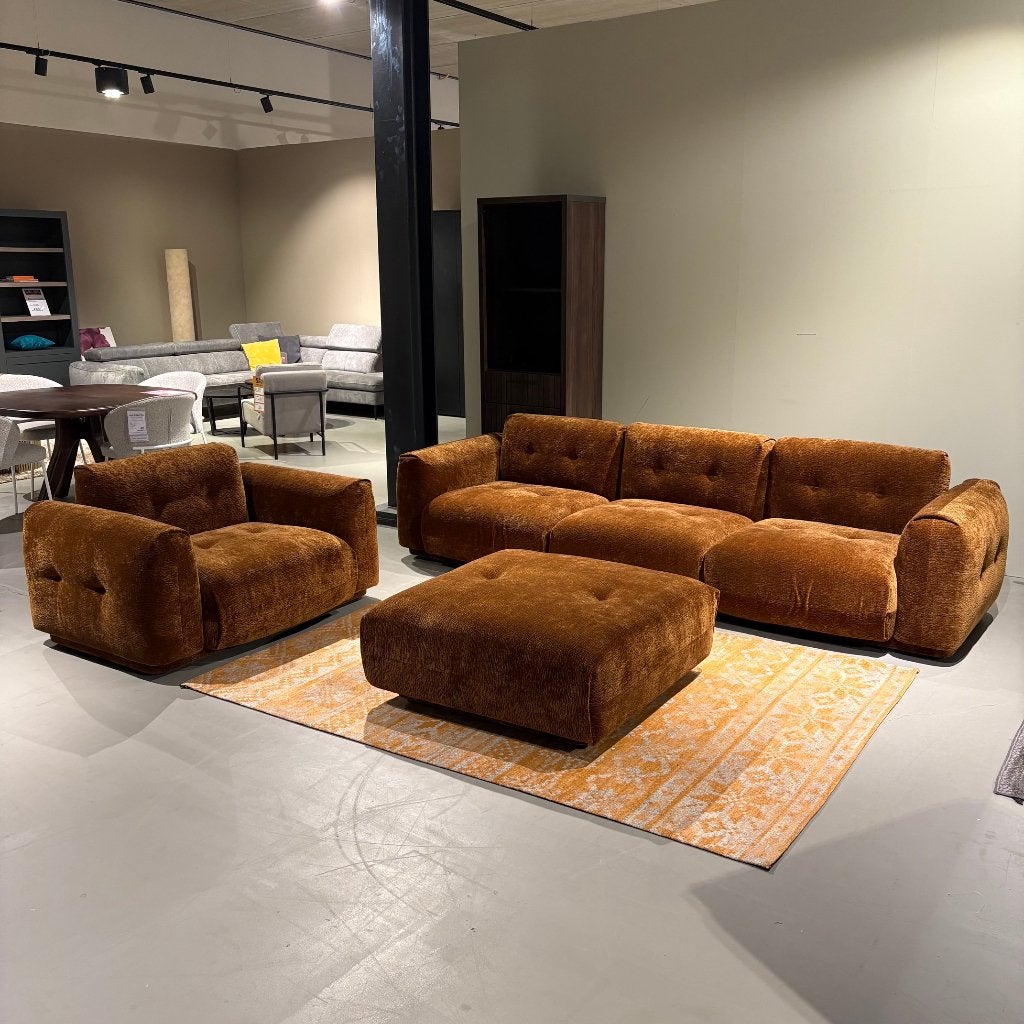 Bank, fauteuil, hocker bruin/goud modulaire zithoek, Huis en Inrichting, Banken | Complete zithoeken, Ophalen, Zo goed als nieuw
