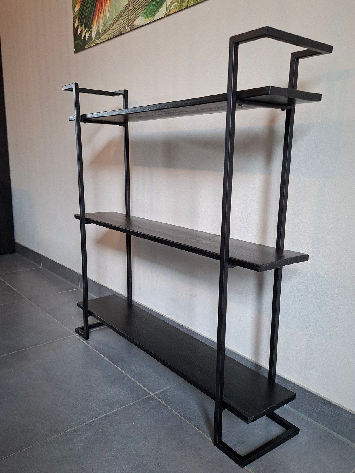 Zwart metalen rek met houten planken, Met plank(en), Gebruikt, Modern, Industrieel, Ophalen