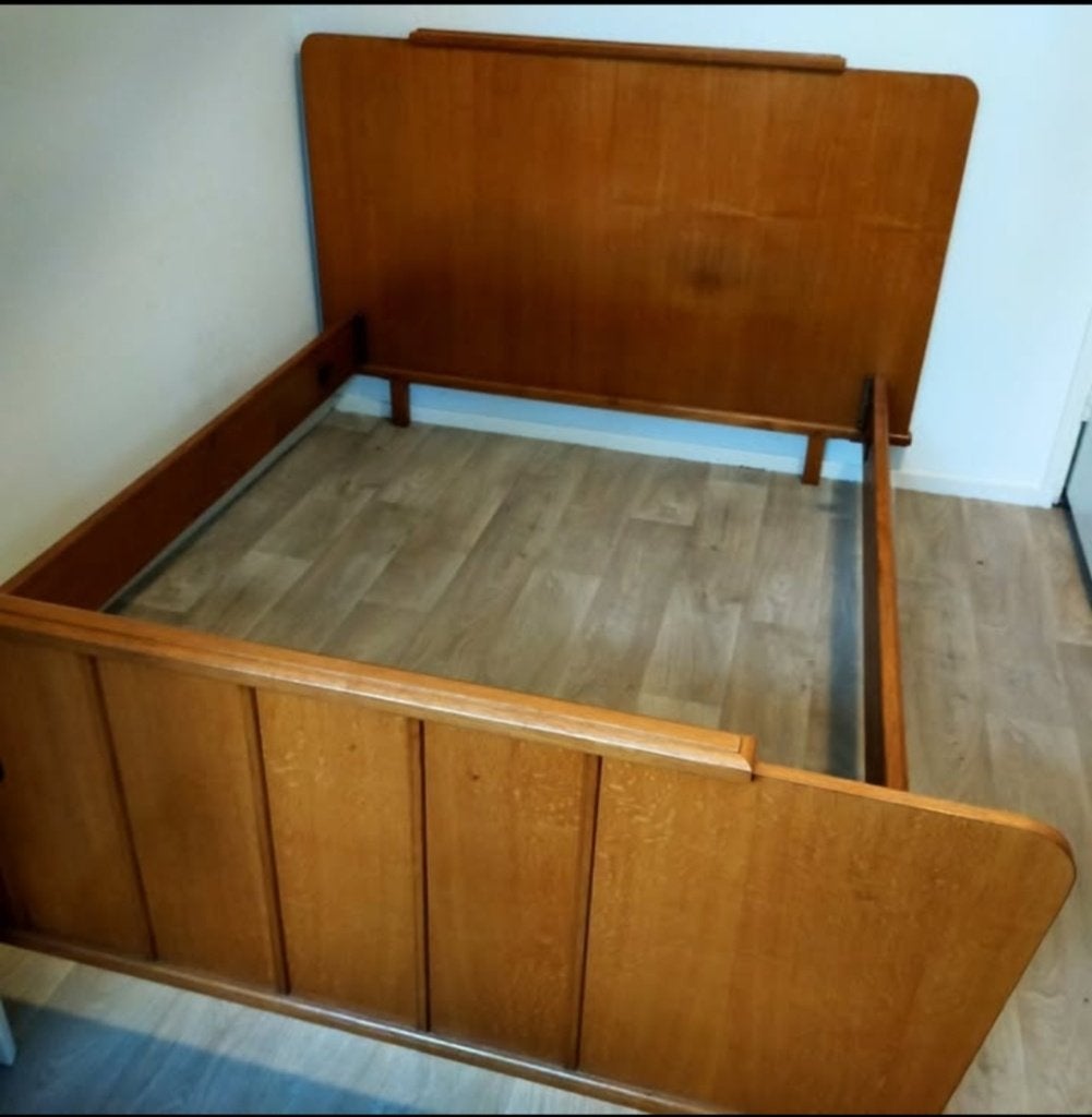Vintage eiken bed frame 140x200cm demonteerbaar jaren 1960', Ophalen, Gebruikt, Bruin, Tweepersoons
