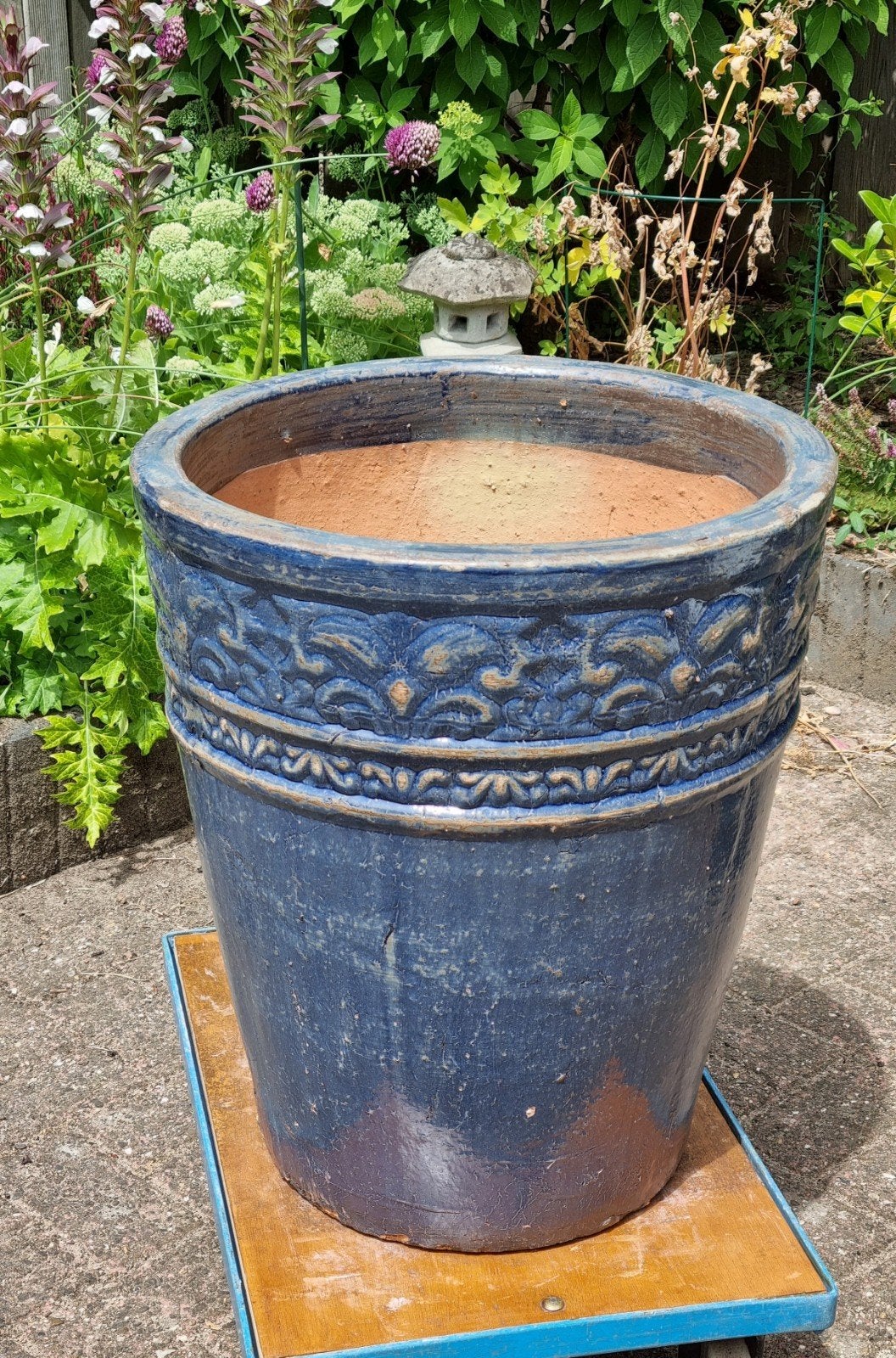 Hoge 58 cm  "old blue" plantenbak    bloembak   tuinvaas, Ophalen, Steen, Minder dan 60 cm, Rond