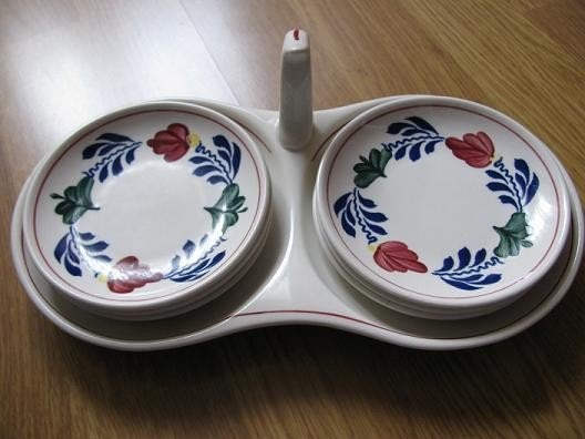 Boerenbont petit four houder met bordjes Boerenbond, Gebruikt, Landelijk/Boerenbont, Ophalen of Verzenden, Schaal of Schalen