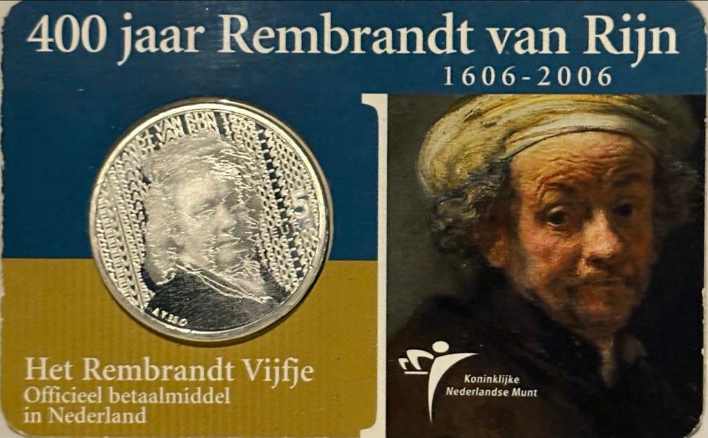 Zilveren Rembrandt Vijfje 2006 - 400 jaar Rembrandt, Postzegels en Munten, Munten | Nederland, Koningin Beatrix, Zilver, Euro's
