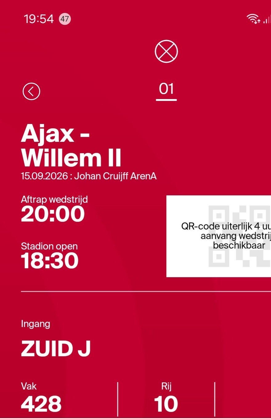 Ajax-Willem II prachtige plaats vak 428 rij 10 vanaf 35 eur, Seizoenskaart, Eén persoon, September