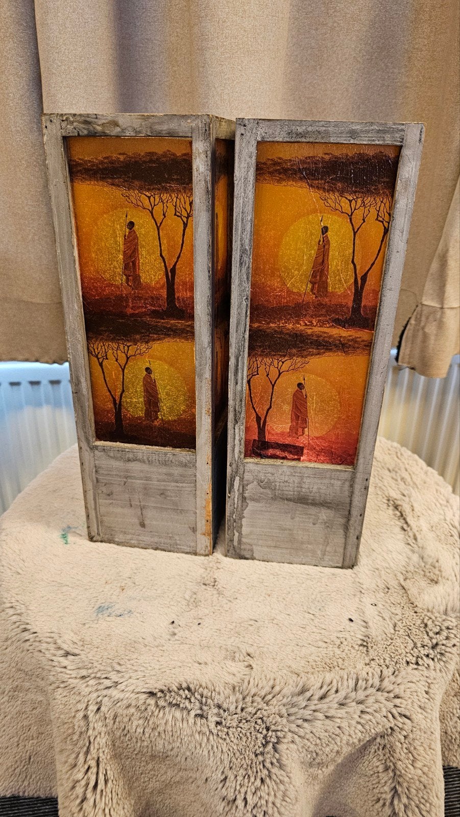 Windlichten set 40cm hoog met Afrikaanse afbeelding, Windlicht, Gebruikt, Meerkleurig, Ophalen of Verzenden