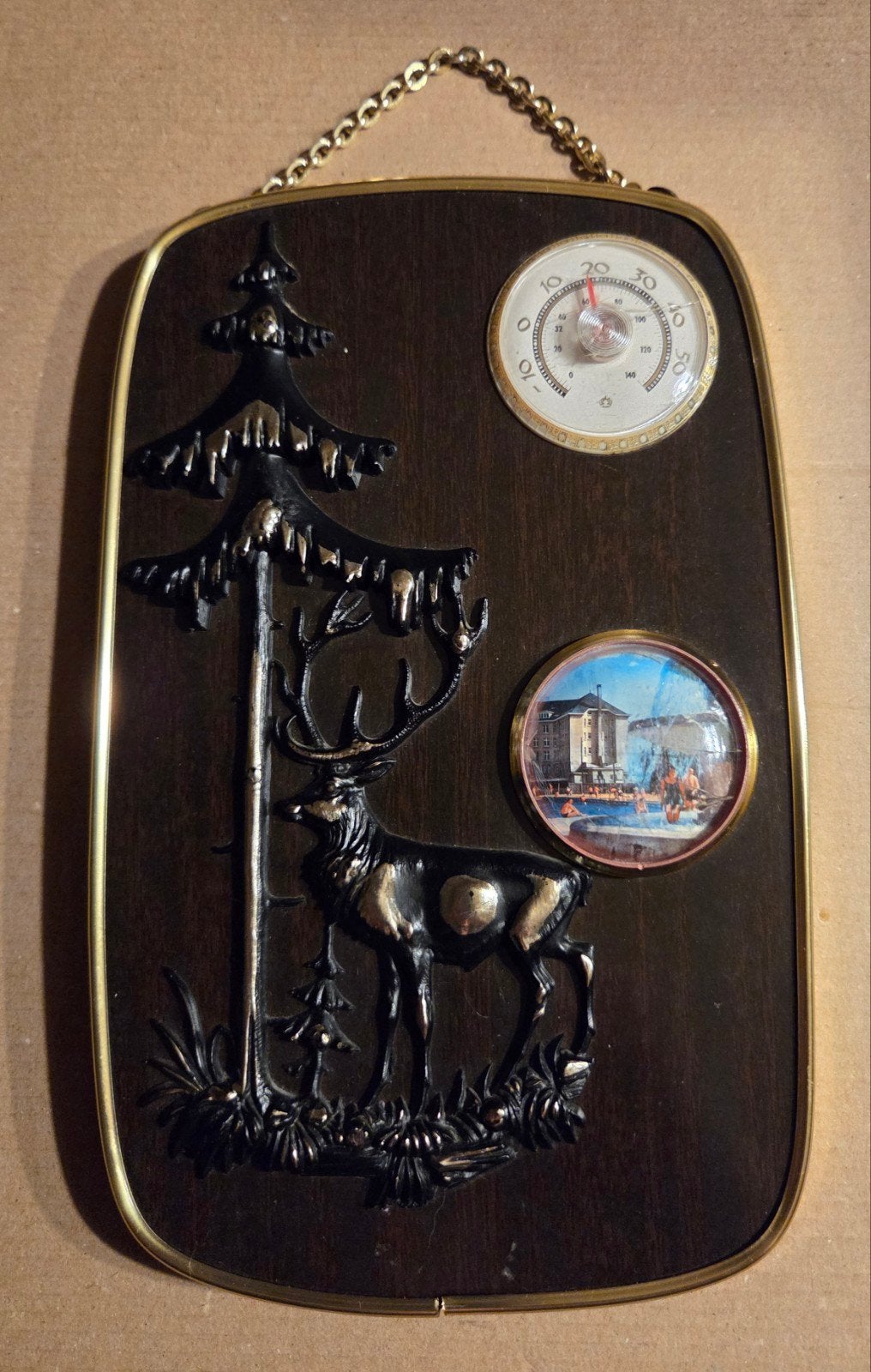 Vintage Wandplaquette  met Hert en Thermometer + Fotolijst, Ophalen of Verzenden, Meerkleurig, Hout, Vintage