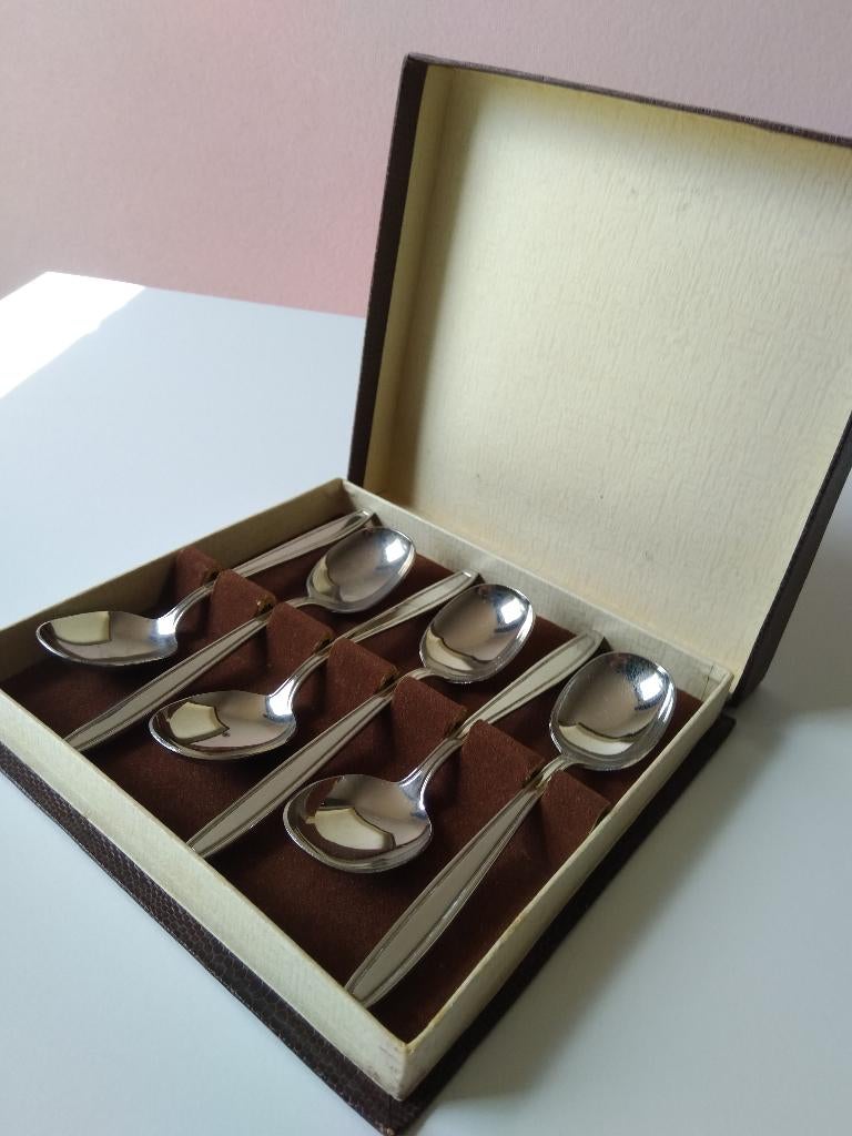 vintage doosje met 6 dessertlepels jaren 60, Antiek en Kunst, Ophalen of Verzenden