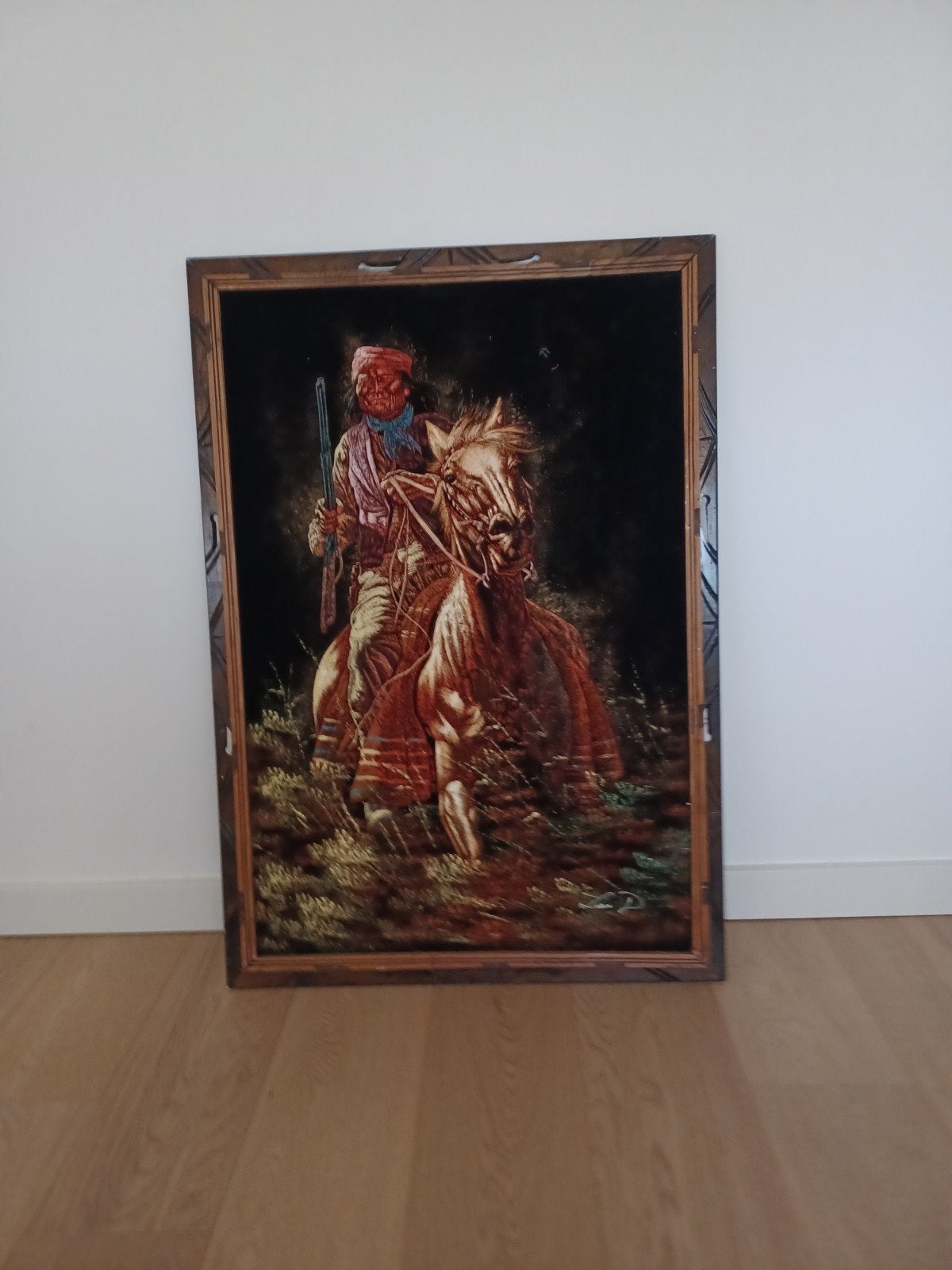indiaan op paard!Geschilderd op zwart velours doek!, Antiek en Kunst, Ophalen