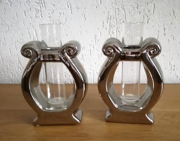Vintage Vaas Reageerbuis in houder 2 stuks € 15,00, Overige kleuren, Ophalen of Verzenden, Minder dan 50 cm, Glas
