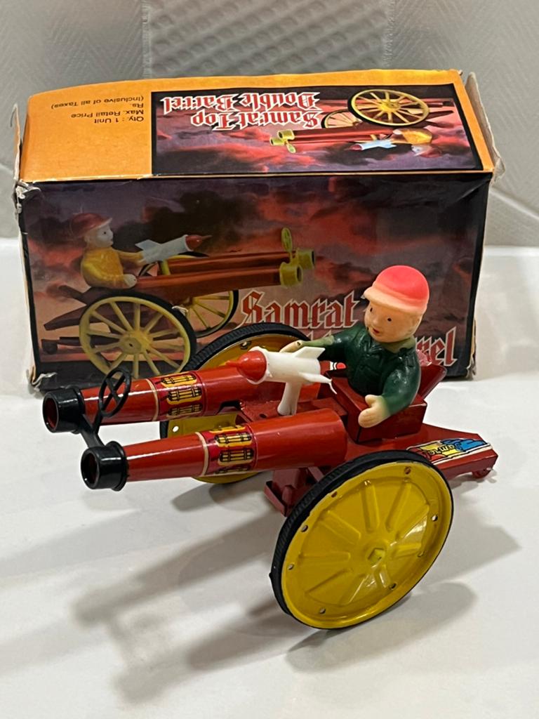 Vintage Blikken speelgoed Samrat Top Double Barrel kanon, Verzenden, Gebruikt
