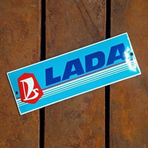 Emaille Schild LADA Auto Dealer Reclamebord Vintage DDR Era, Verzamelen, Verzenden, Gebruikt, Reclamebord
