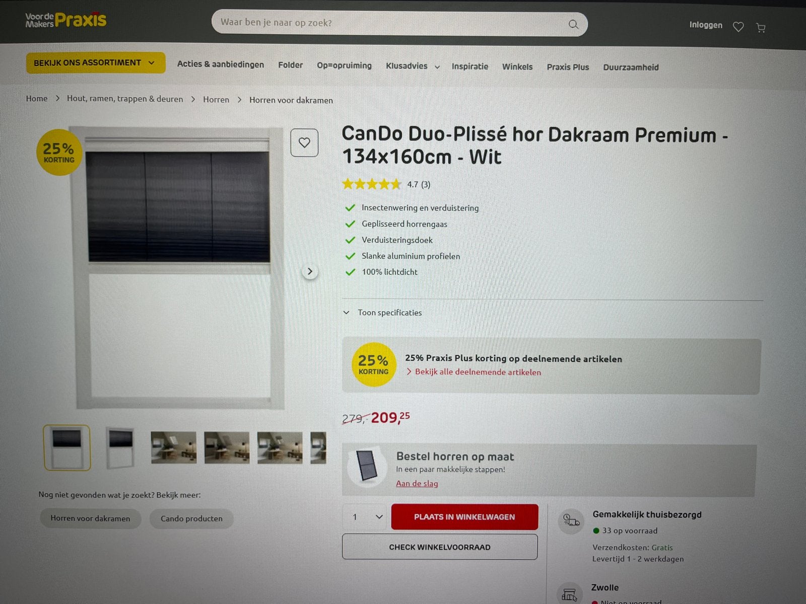 CanDo Duo Plissé Dakraam Hor en gordijn 134x160 - 100% NIEUW, 120 cm of meer, Overige typen, Minder dan 200 cm, Nieuw