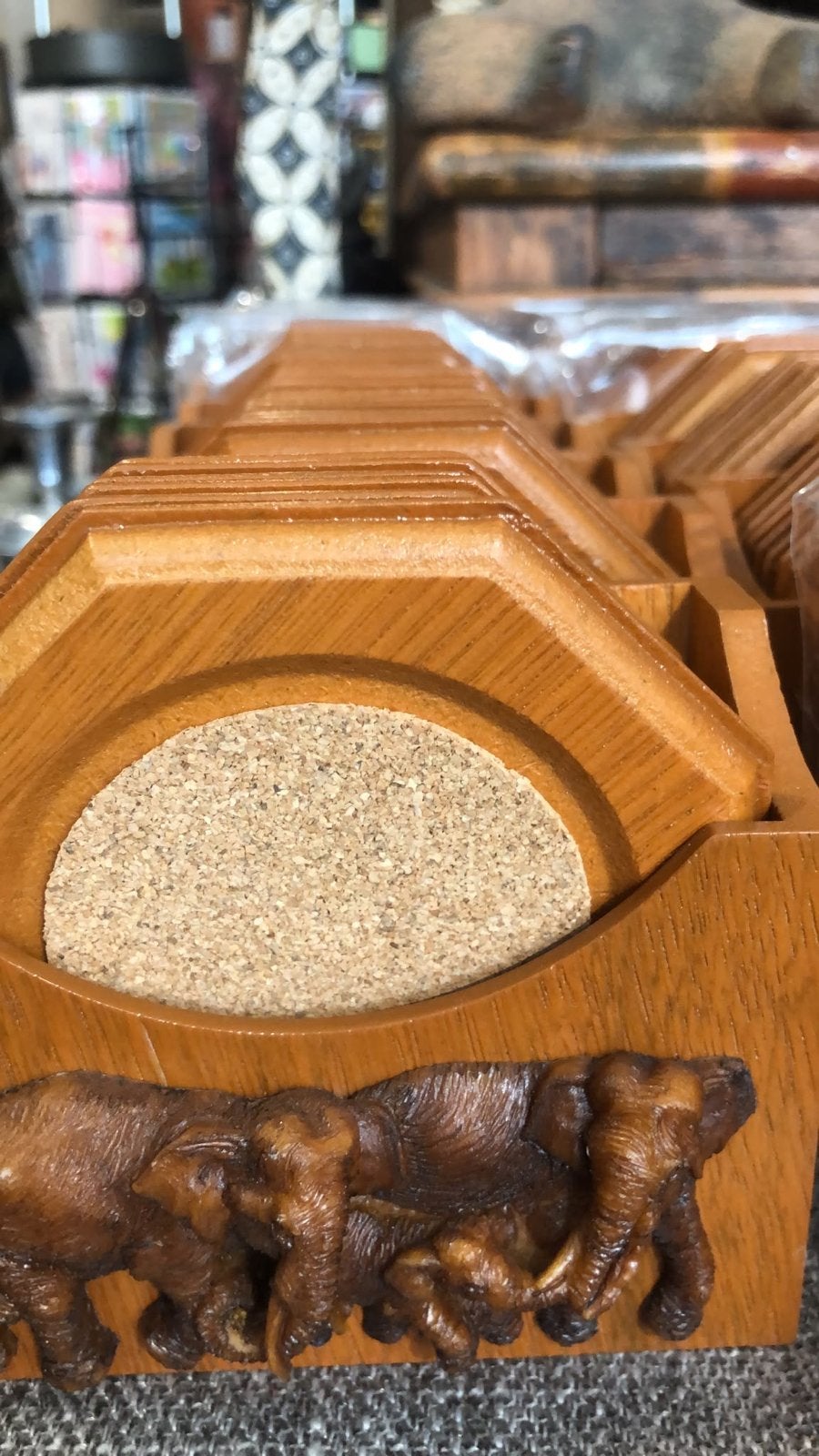 Onderzetters met olifantenmotief en kurk, Hout, G, Overige stijlen, Ophalen of Verzenden
