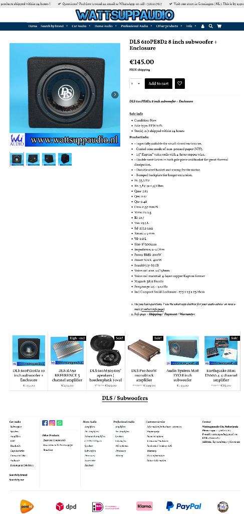 DLS 610PE8D2 8 inch subwoofer incl gesloten kist Compact SQ, Info@optimount.nl, Nieuw, Ophalen of Verzenden, Anholtseweg 48A 7091 HB DINXPERLO