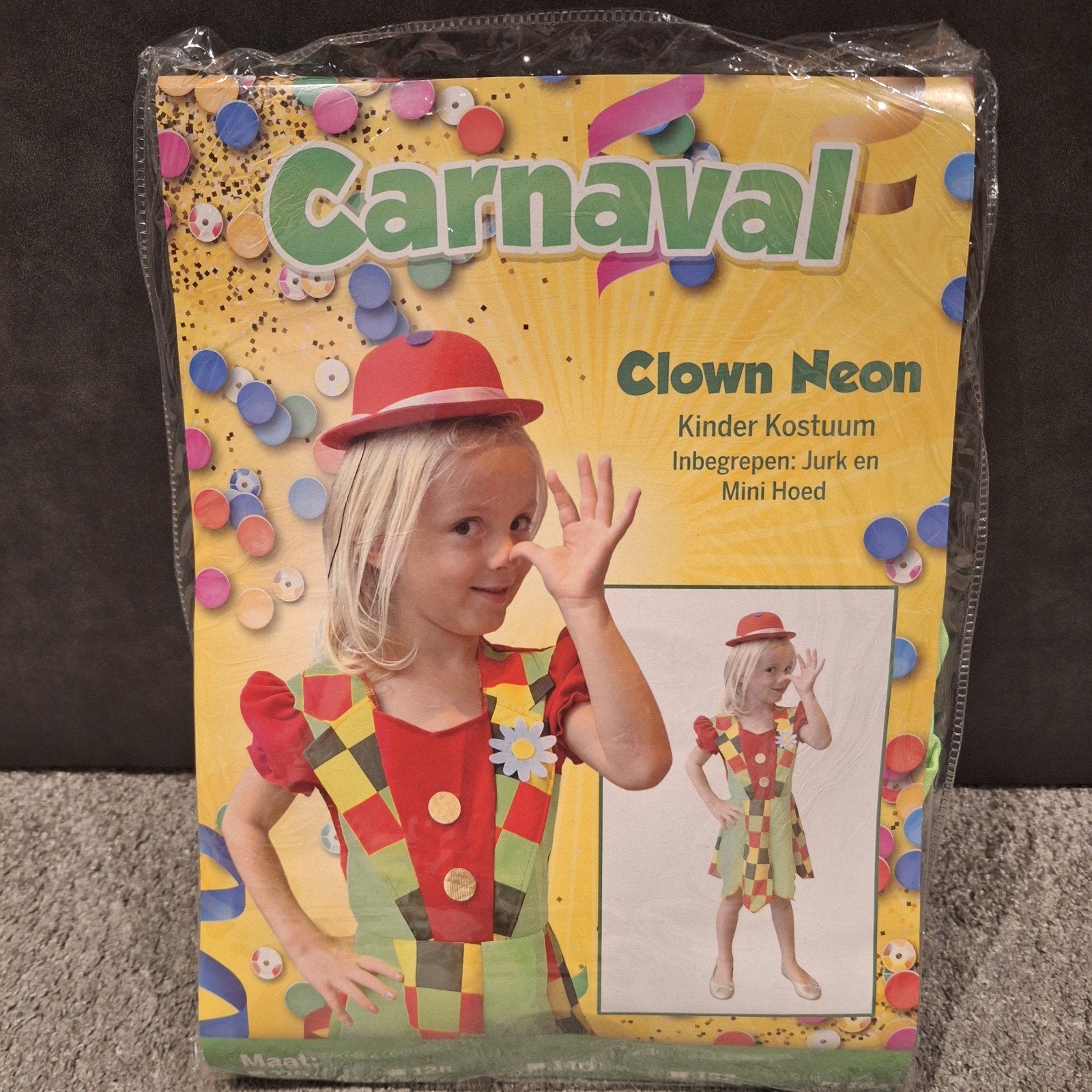 Carnavalskostuum clown meisje maat 164 - Jurk met Minihoed, Ophalen of Verzenden, Zo goed als nieuw, 158 t/m 164, Meisje