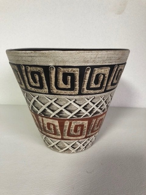 Retro bloempot kruispatroon beige bruin terracotta, Ophalen, Huis en Inrichting