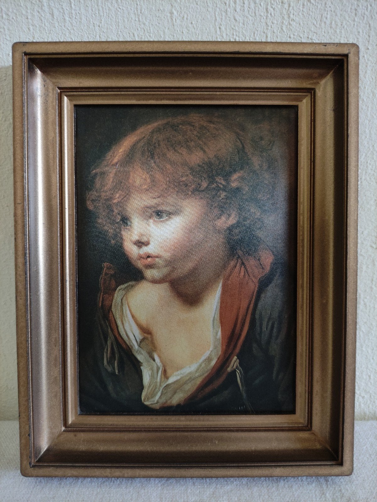 Vintage schilderijtje zeefdruk op zijde/Frankrijk/jongen, Ophalen of Verzenden, Zo goed als nieuw, Minder dan 50 cm, 5 – 50