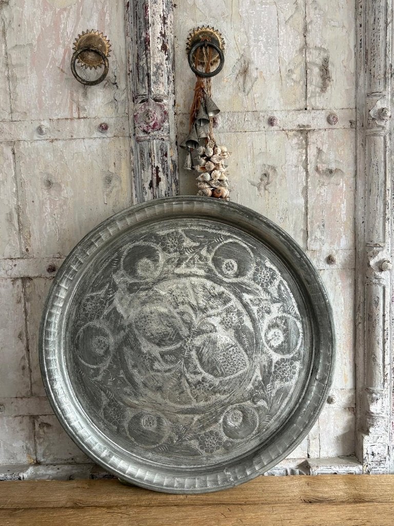 Antiek verzilverd koperen dienblad uit India - theetafel, Antiek en Kunst, Antiek | Koper en Brons, Ophalen of Verzenden