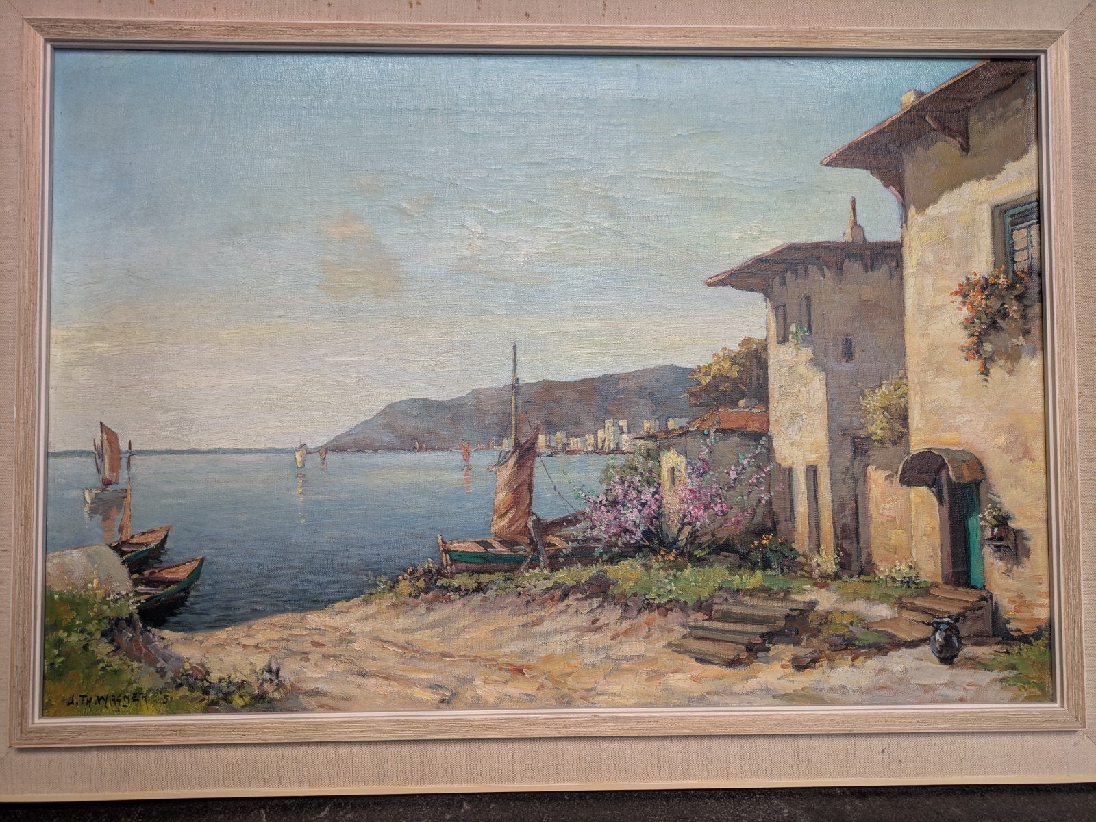ACTIE: schilderij olieverf mediterraans, J Th Wagner 1951, Antiek en Kunst, Maritiem / water, Doek, Ophalen of Verzenden, Olieverf