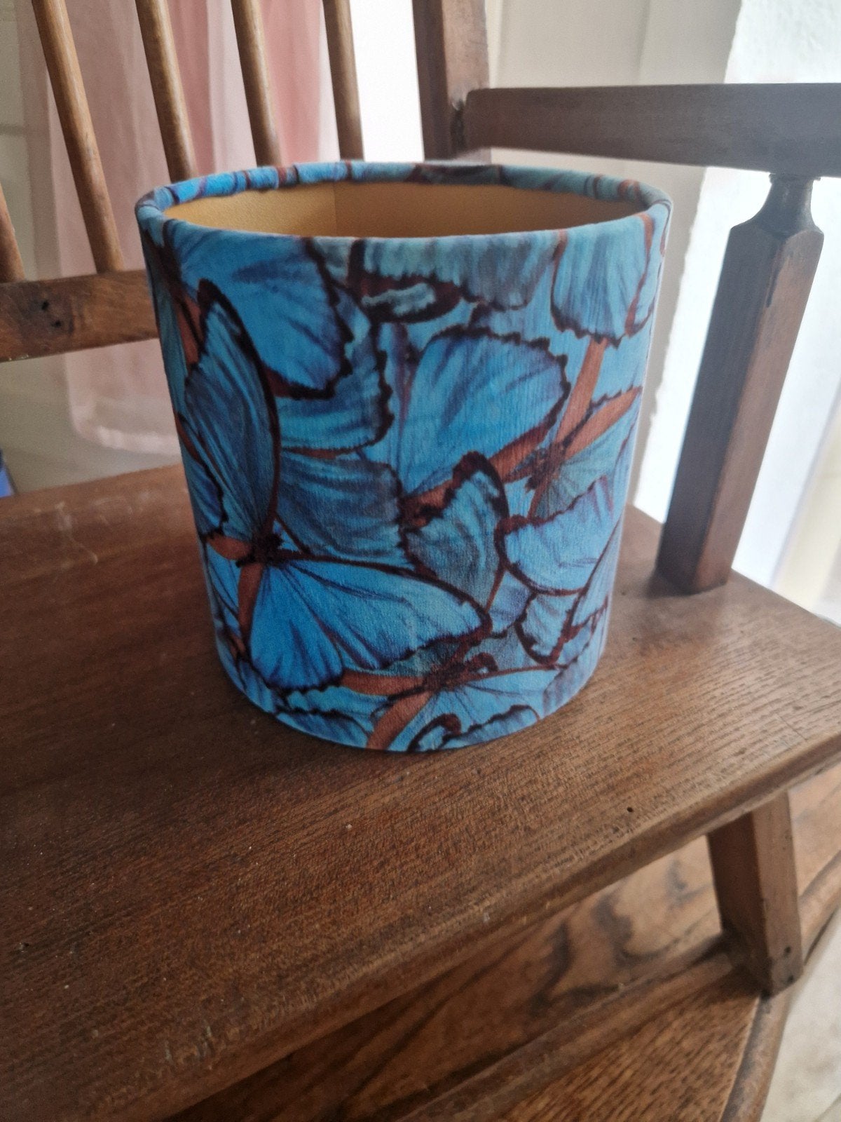 Unieke lampenkap met vlinderprint - Blauw/Bruin, Huis en Inrichting, Rond, Ophalen of Verzenden, Zo goed als nieuw, Textiel