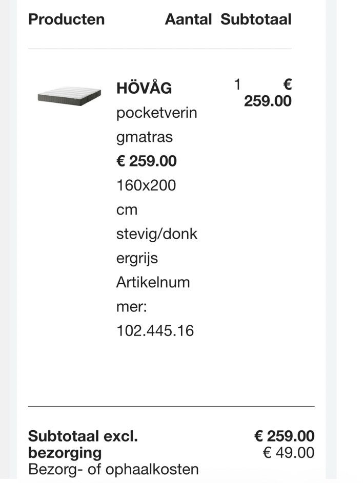 Matras Ikea 160 x 200, hovag, pocketveren, Huis en Inrichting, Slaapkamer | Matrassen en Bedbodems, Ophalen, Tweepersoons, Zo goed als nieuw