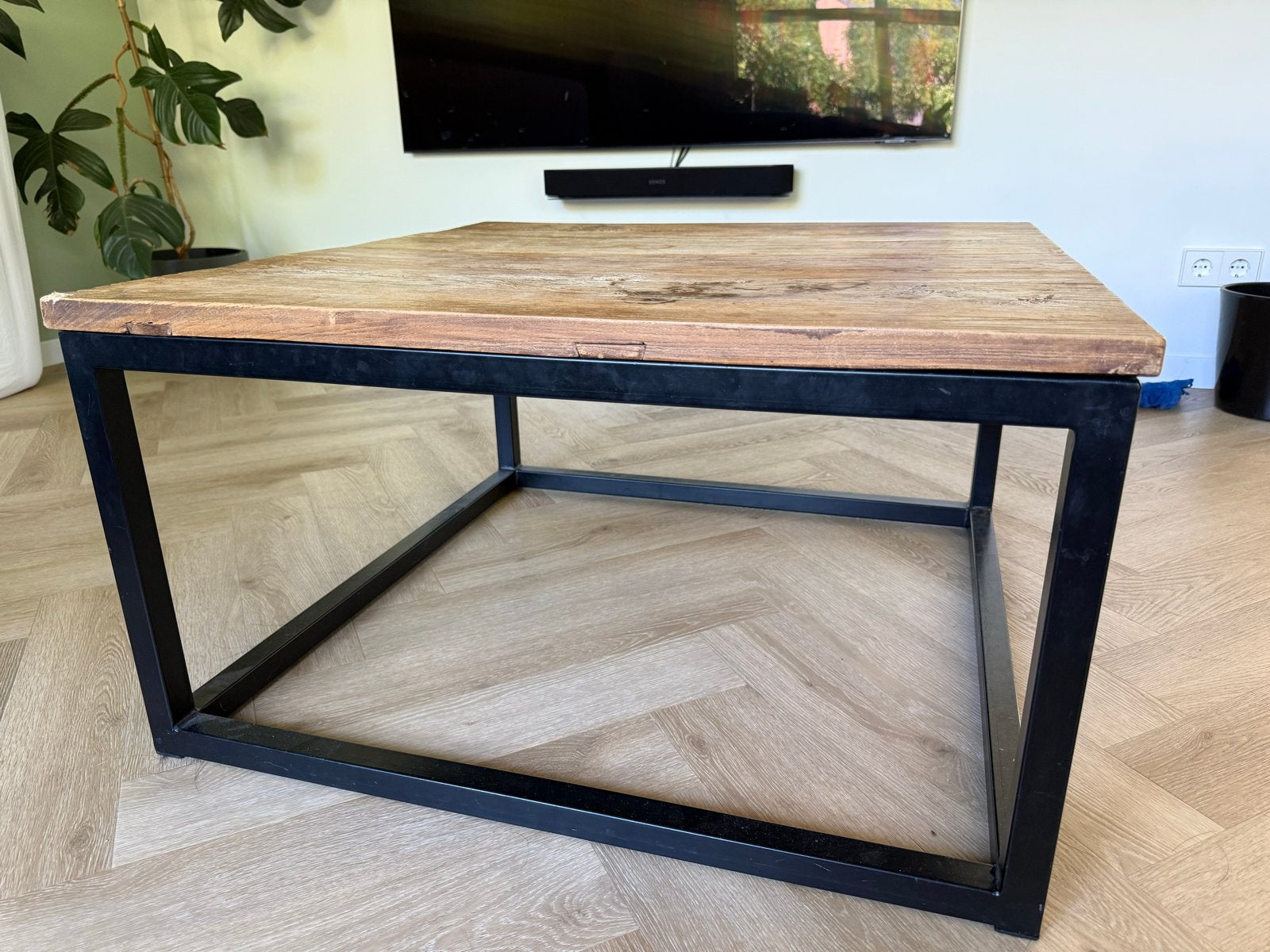 Salontafel met houten blad en stalen frame - 79x79x43cm, Ophalen, Gebruikt, 50 tot 100 cm, Vierkant