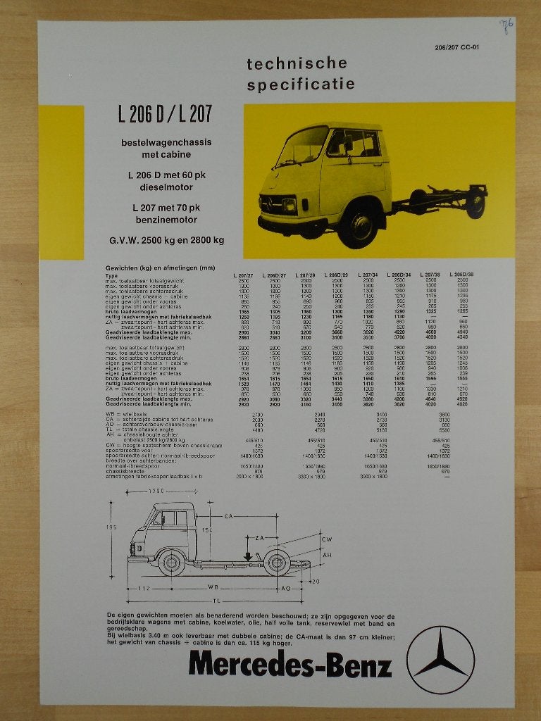 Mercedes 206 207 Technische Specificatie folder 1975 206D, Zo goed als nieuw, Mercedes-Benz, Mercedes, Ophalen of Verzenden