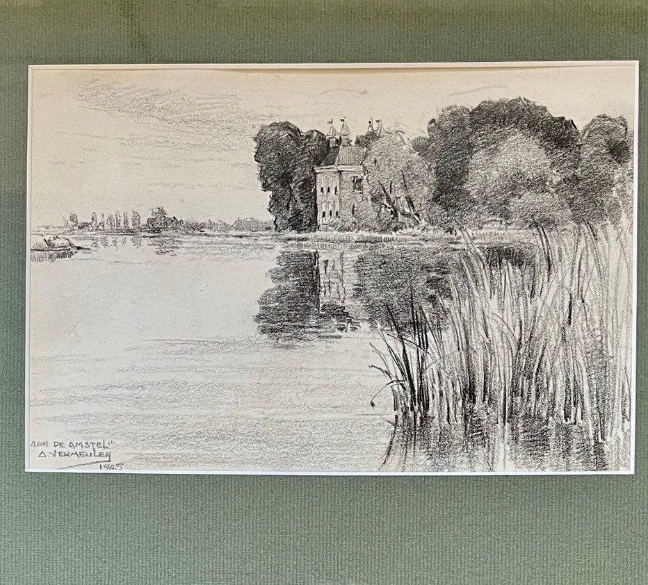 Prent van tekening Aan de Amstel, Ophalen of Verzenden