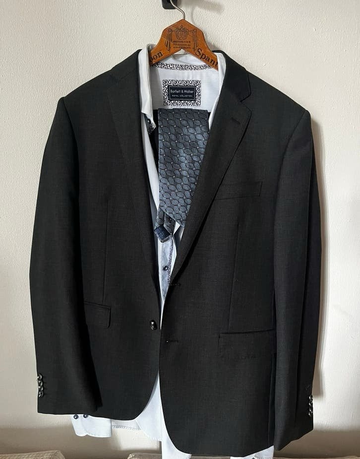 Heren Kostuum 50 jas broek das Bartlett Walker overhemd riem, Ophalen, Zo goed als nieuw, Maat 48/50 (M), Blauw