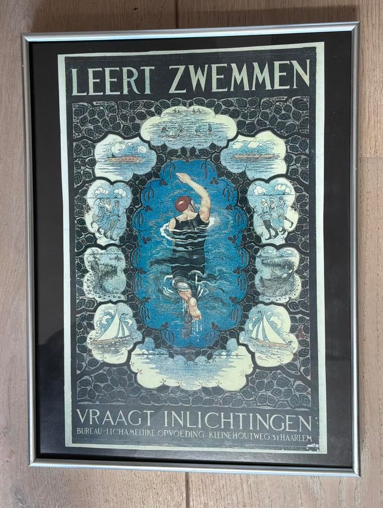 Vintage prent zwembad Haarlem, Huis en Inrichting, Woonaccessoires | Wanddecoraties, Ophalen of Verzenden, Zo goed als nieuw