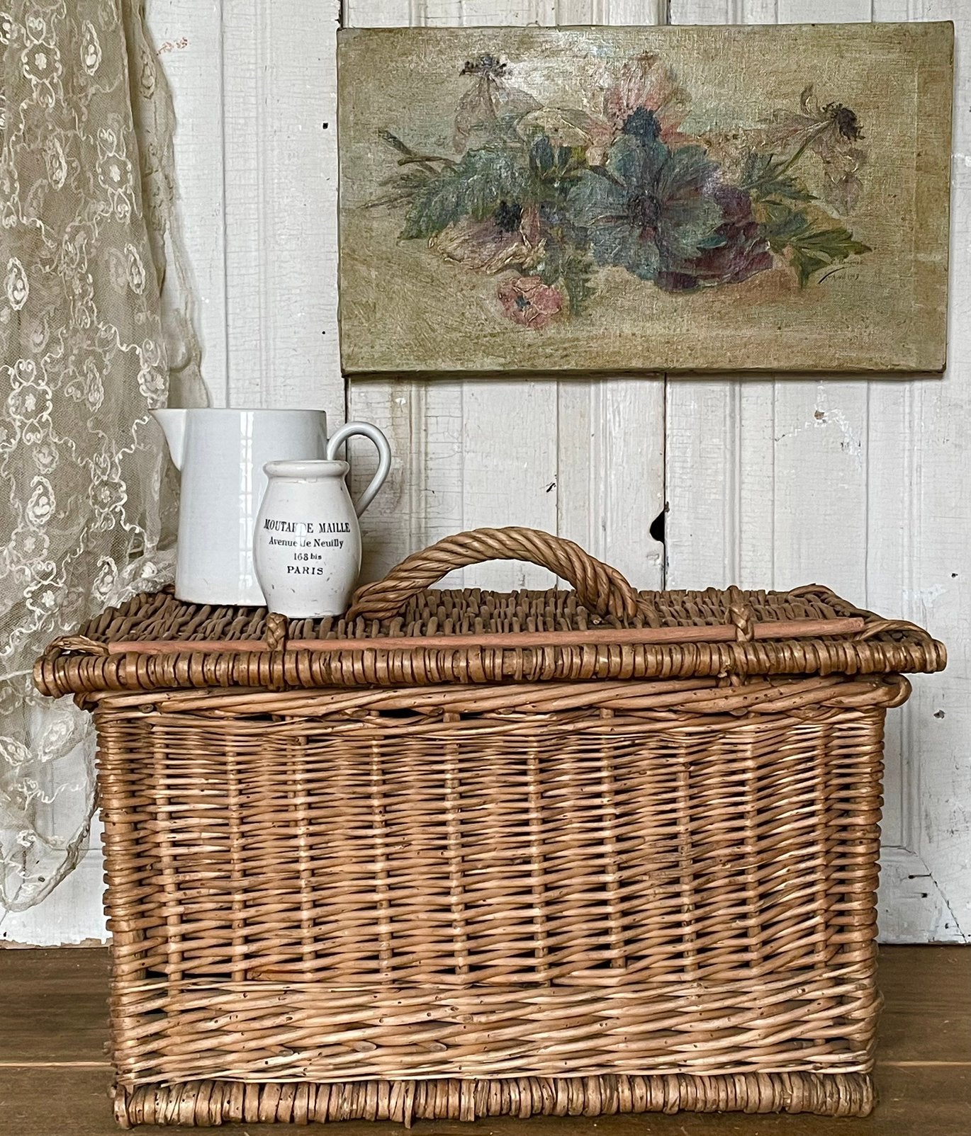 Brocante oud Frans rieten mandje / koffertje / spoormand, Ophalen of Verzenden