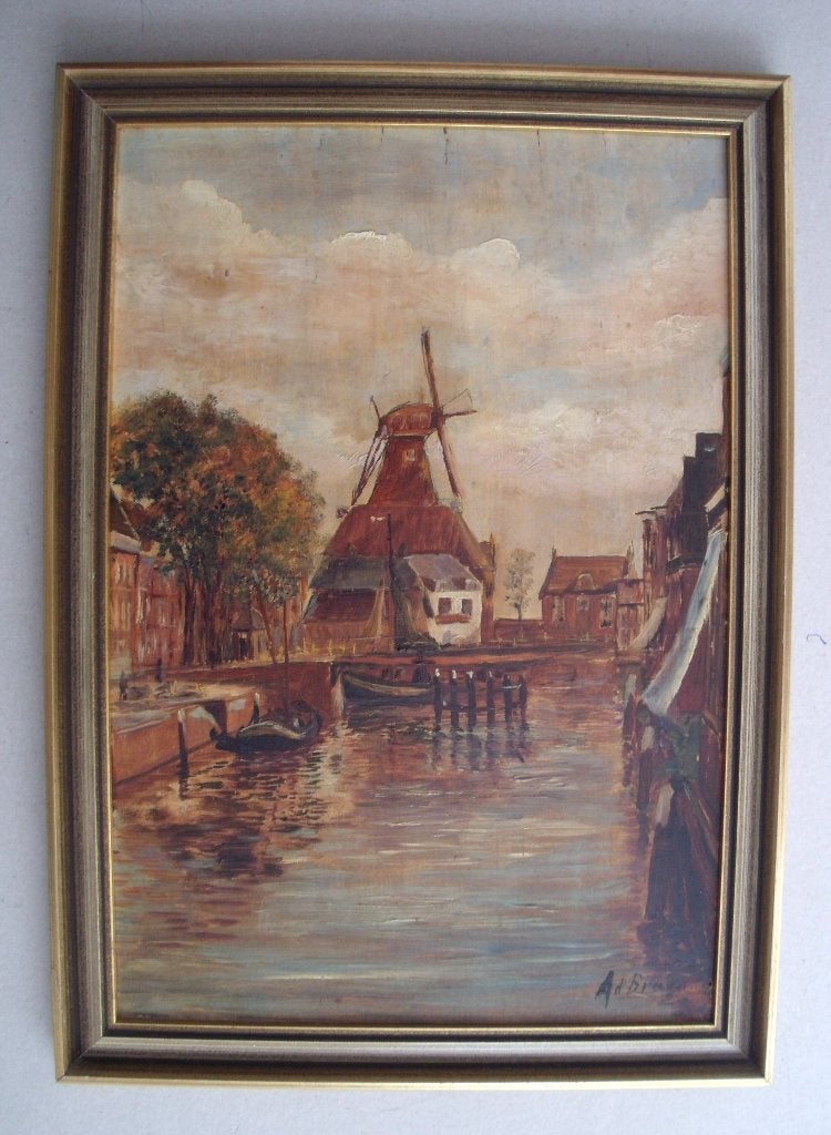 Ad Bruijn - (?) - Havengezicht met molen - olieverf, Ophalen of Verzenden