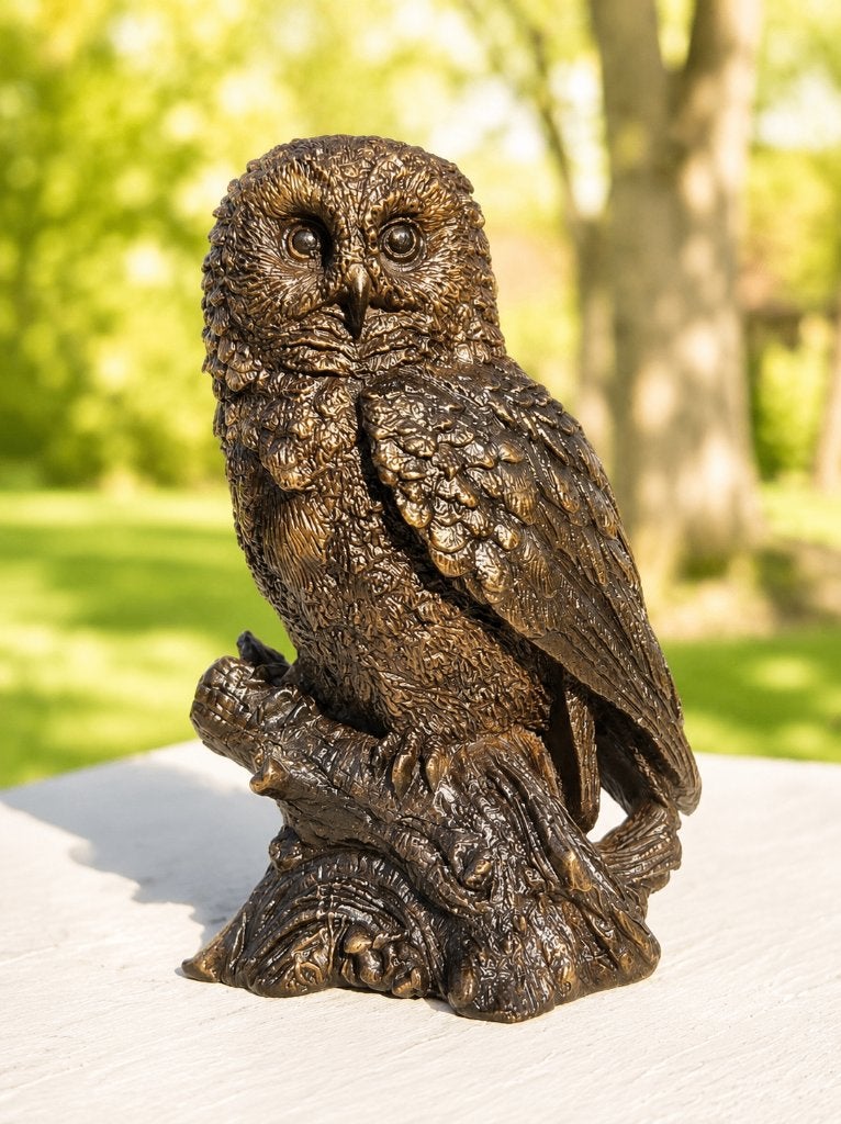 UIL OP BOOMSTRONK / bronzen beeld, Dierenbeeld, Nieuw, Info@huisentuindecoratiemarie.nl, Huis en tuin decoratie marie