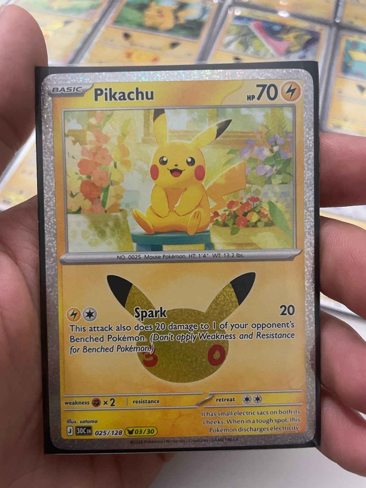 Pikachu 025/128 Pokémon Kaart - 30th celebration, Ophalen of Verzenden, Zo goed als nieuw, Losse kaart, Foil
