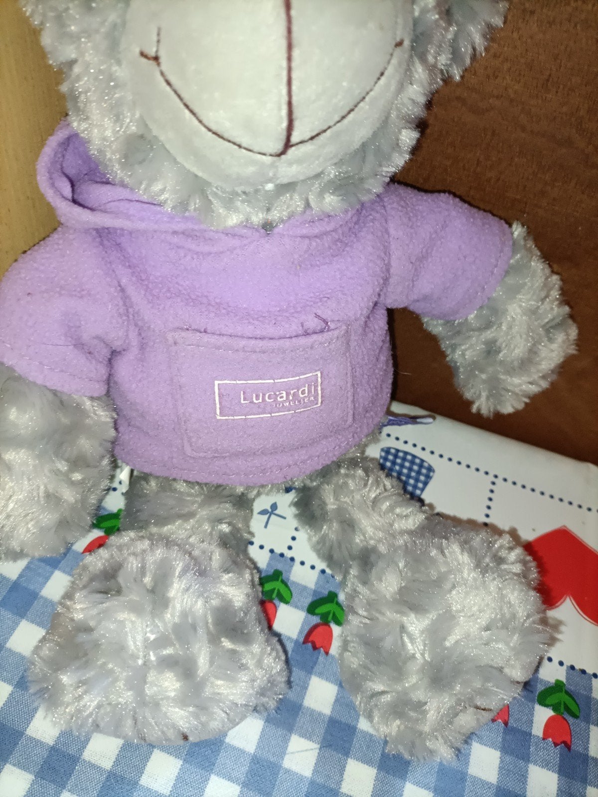 Lucardi Juweliers beer knuffel met paarse trui, Ophalen of Verzenden, Zo goed als nieuw, Beer