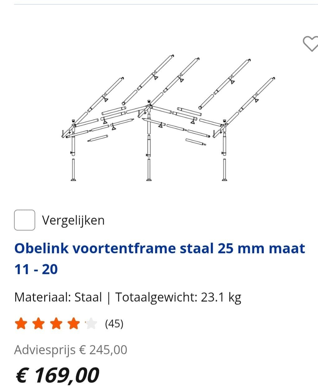 Obelink voortentframe staal 25 mm maat 11-20, Ophalen, Nieuw