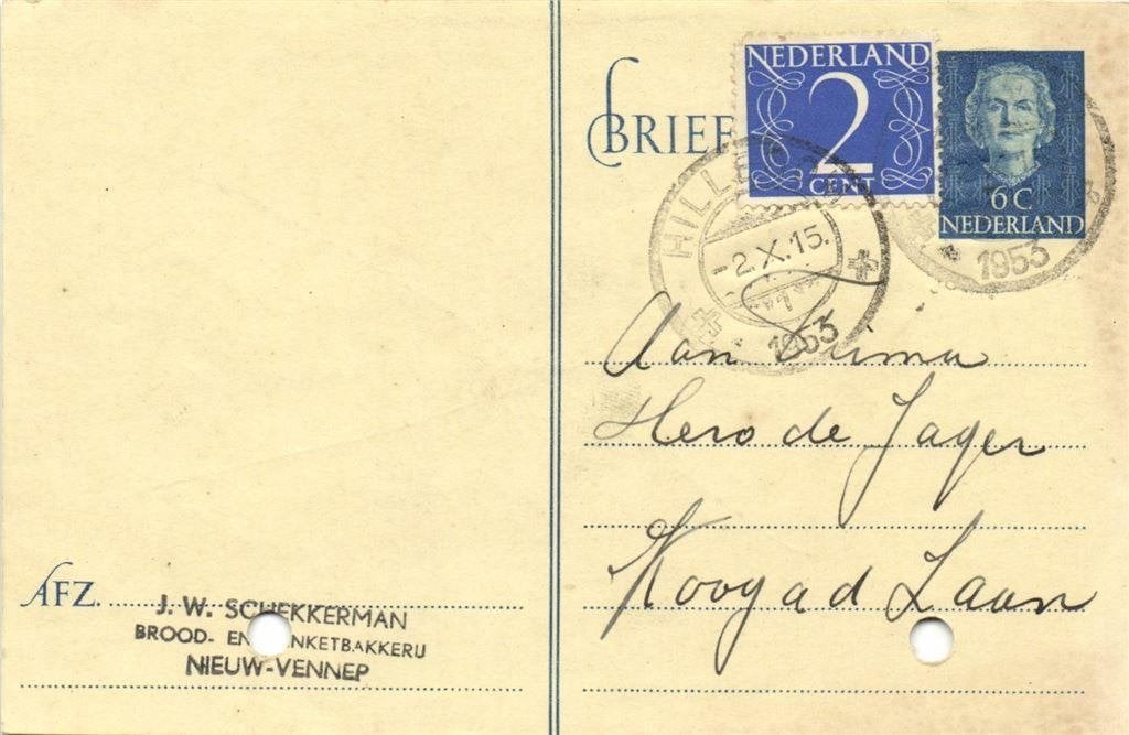 J.W. Schekkerman, Nieuw-Vennep - 10.1953 - briefkaart, Ophalen of Verzenden, Briefkaart