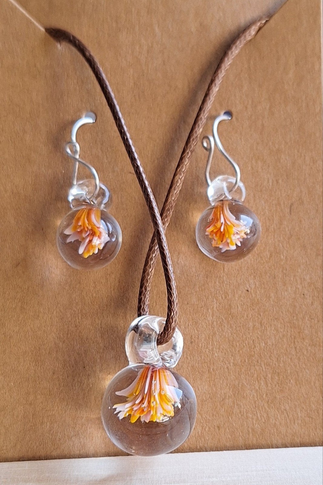 set oorbellen + hanger handgemaakt glas, Sieraden, Tassen en Uiterlijk, Oorbellen, Hangers, Verzenden, Nieuw, Oranje