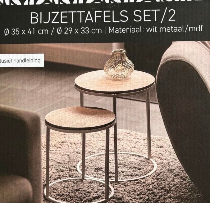 Set van 2 bijzettafels - wit metaal/MDF, 45 tot 60 cm, Minder dan 55 cm, Metaal of Aluminium, Rond