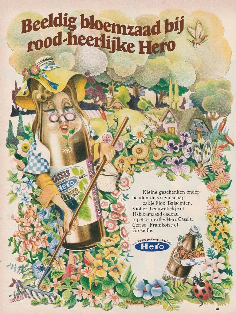 Retro reclame 1974 Hero frisdrank cassis bloemzaadjes, Verzenden, Overige typen